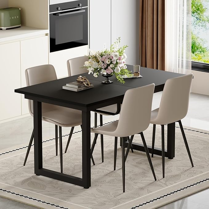 Extendable Dining Table Set for 8, 55"–71" Modern Black Kitchen Table with 8 Upholstered Chairs, Space-Saving for Living Room Apartment, Sturdy & Comfortable, Easy Assembly