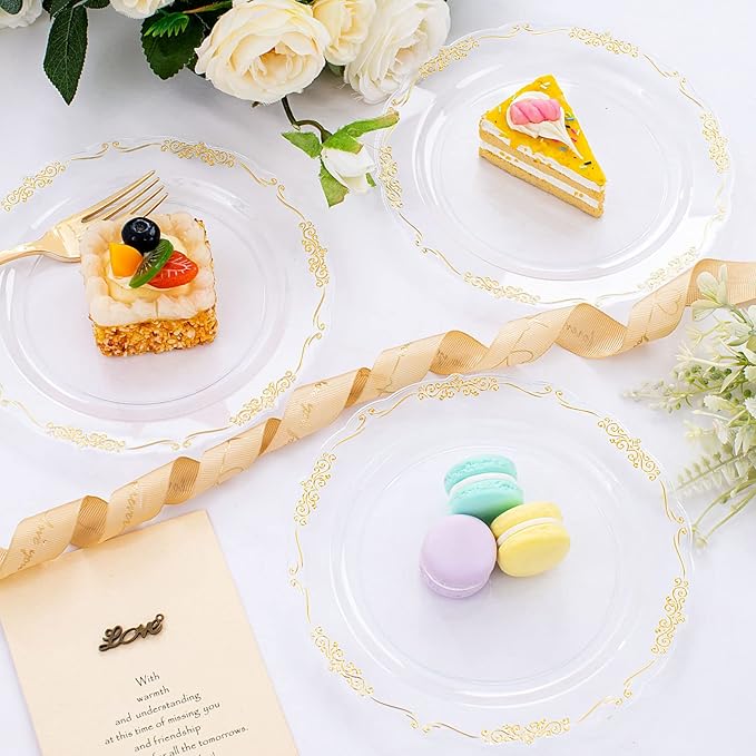 DaYammi 60PCS Clear Plastic Plates Heavy Duty Clear Disposable Plates 7.5” Fancy Gold Dessert Platos Small Cake Plates Appetizer Platos Hard Round Plastic Disposable for Wedding and Party