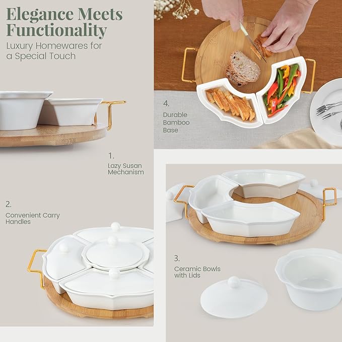 Party Serving Trays and Platters, Ceramic Lazy Susan Serving Tray with Divided Sections Appetizer Rotating Serving Tray for Fruits, Veggies, Chips and Dip Serving Set