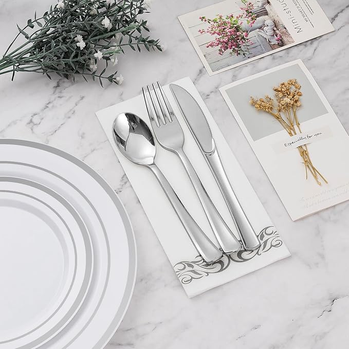 BESTVIP 700 PCS Silver Dinnerware Set for 100 Guests, Plastic Dinnerware Set for Party, Wedding, Christmas, Include: 200 Plastic Plates, 100 Silver Silverware, 100 Cups, 100 Paper Napkins