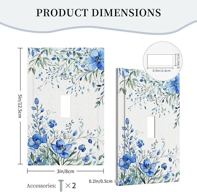 Decorative Light Switch Cover Blue Watercolor Flowers Retro Floral Leaves 1 Gang Wall Plate Cover Single Toggle Outlet Covers Switchplate Electrical Faceplate for Bathroom Bedroom Decor（2 Pack）