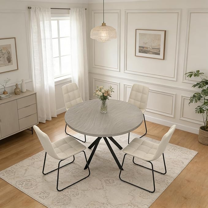 44" Round Dining Table with Cozy Chair Set for 4, Modern Mid-Century Dining Table Set of 4, Dinette Sets with Metal Leg for Kitchen Dining Room Apartment(Gray Table + Beige Chairs)