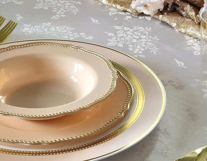 " OCCASIONS " 50 Plates Pack (25 Guests)-Heavyweight Wedding Party Disposable Plastic Plate Set -25 x 10.25'' Dinner + 25 x 7.5'' Salad/dessert plates (Rochelle Antique Rose and Gold)