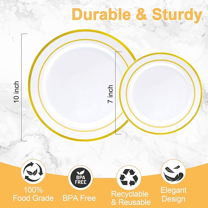 200 PCS Gold Plastic Plates Disposable, White and Gold Plastic Plates Include 100 Dinner Plate and 100 Dessert Plate Perfect for Holiday, Party & Wedding