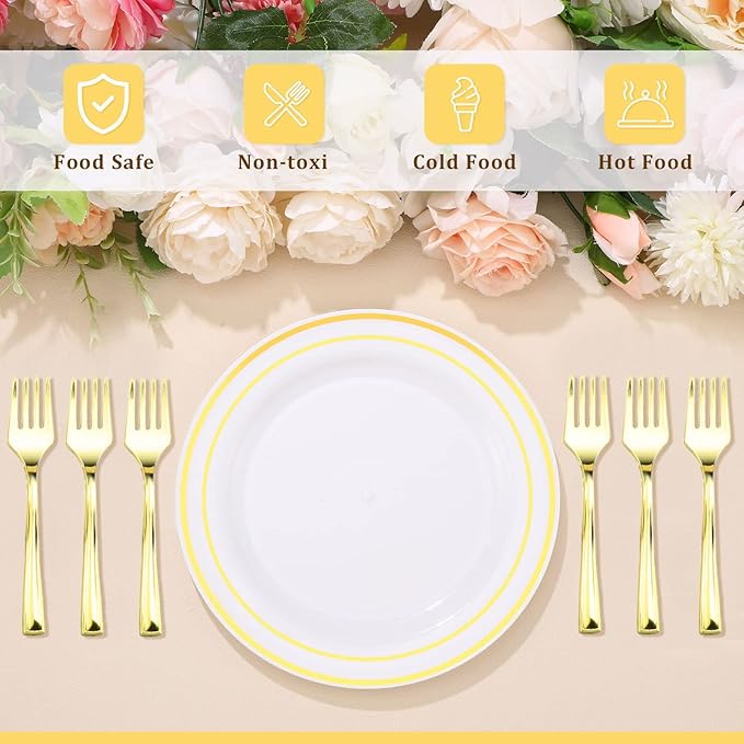 Eccliy 400 Pieces Plastic Cake Plates with Dessert Forks, 7.5 Inch Disposable Plastic Plates Appetizer Plates Salad Plates Party Plates Heavy Duty for Wedding Reception Parties Holidays (Gold)