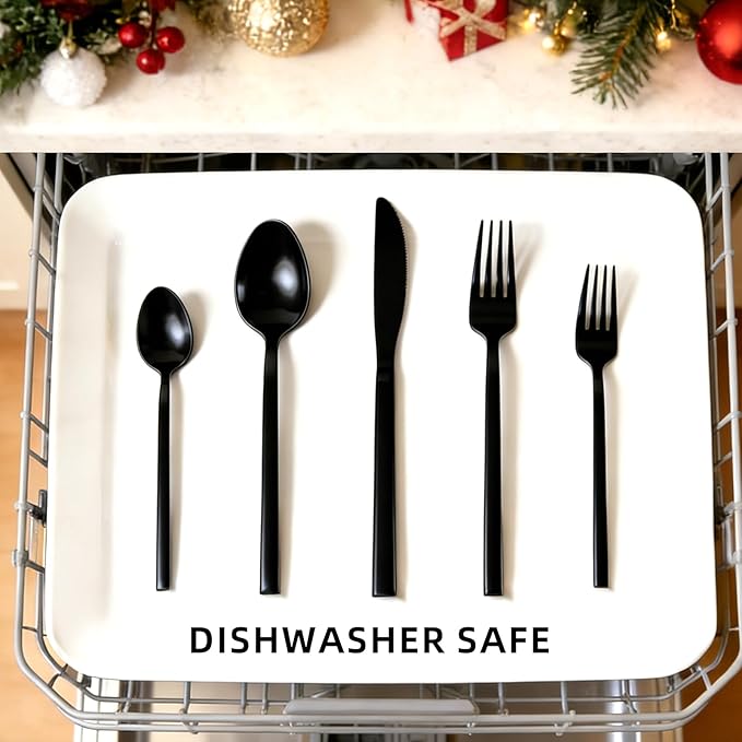 20pcs Matte Black Silverware Set, Cuboid Flatware Set Service for 4, Stainless Steel Cutlery Set, Dishwasher Safe