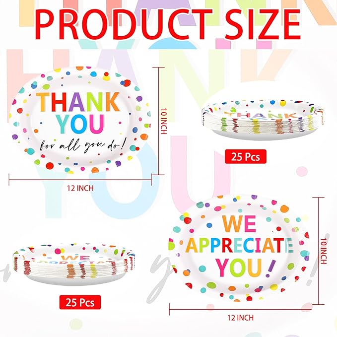 Grencian 50Pcs Thank You Oval Paper Plates 10" x 12" Large Heavy Duty We Appreciate You Paper Plates We Will Miss You Platter for Christmas Volunteer Employee Teacher Doctor Appreciation Party Decor