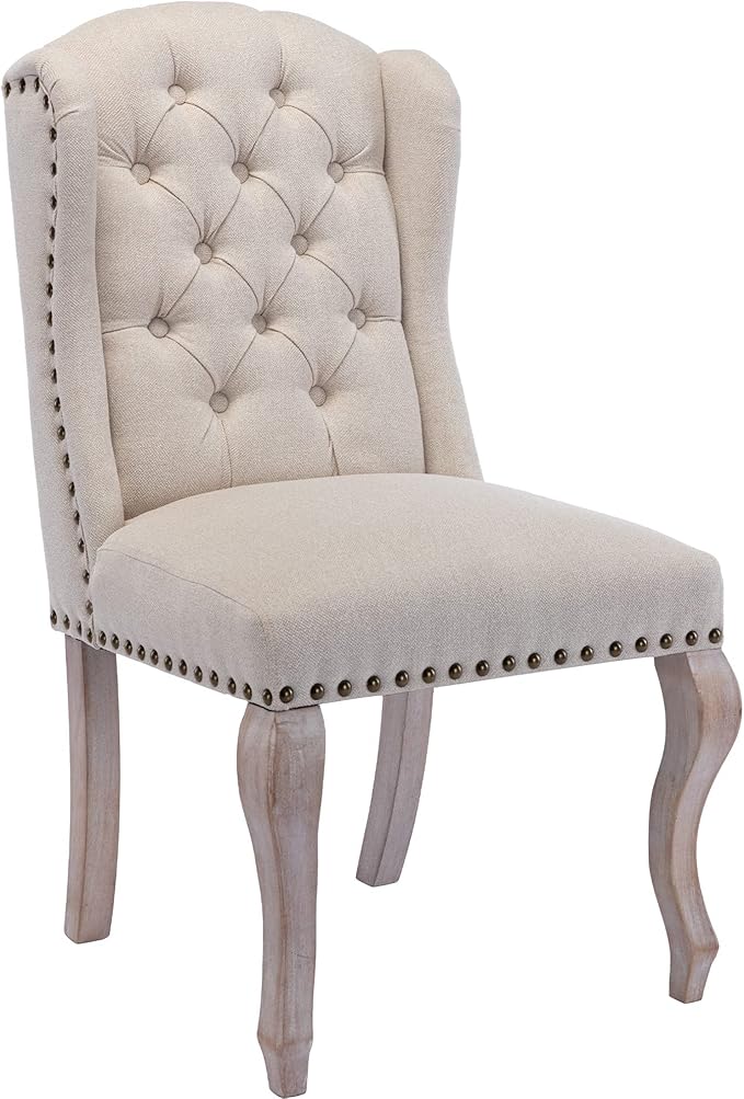 Parsons Dining Chairs Set of 2 Farmhouse Solid Wood Accent Chairs Linen Fabric Host Side Kitchen Chair with Tufted Wingback for Dining Room/Living Room/Bedroom,Cream