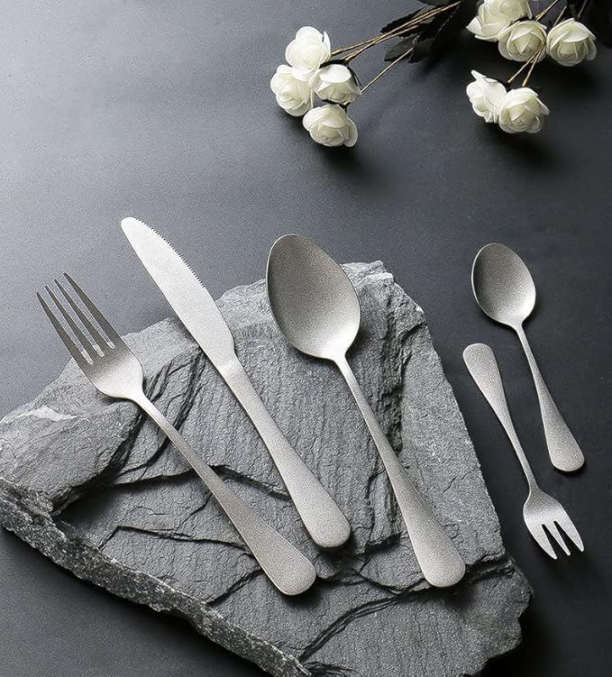 Matte Silverware Set for 6 Stainless Steel Flatware Set Vintage Style Delicate Cutlery Utensils 30 Piece Include Knives Forks and Spoons Tableware Set for Home Kitchen Wedding Restaurant