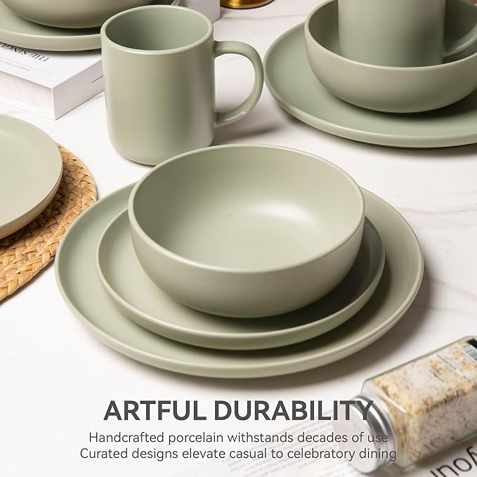 12-Piece Stoneware Dinnerware Set with Mugs | Microwave and Dishwasher Friendly | Stackable Matte Glaze Plates & Bowls | Service for 3 (Green for 3)