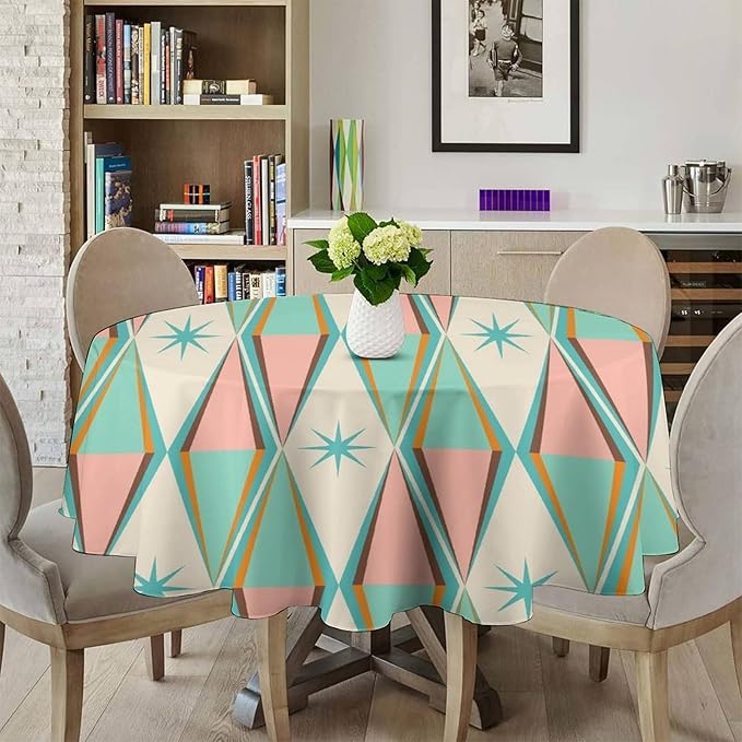 Mid Century Round Tablecloth, Vintage Bohemian Modern Mid-Century 50s 60s Print Tablecloth for Home Party Dining Room Kitchen Decor 36Inch(90cm)