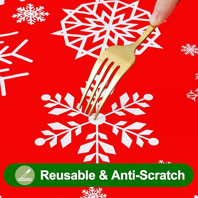 Smiry Plastic Christmas Tablecloth, Snowflake Waterproof Elastic Fitted Table Covers, Wipeable Flannel Backed Vinyl Tablecloths for Christmas Dinner, and New Year Celebration (Red, 30x96 Inches)