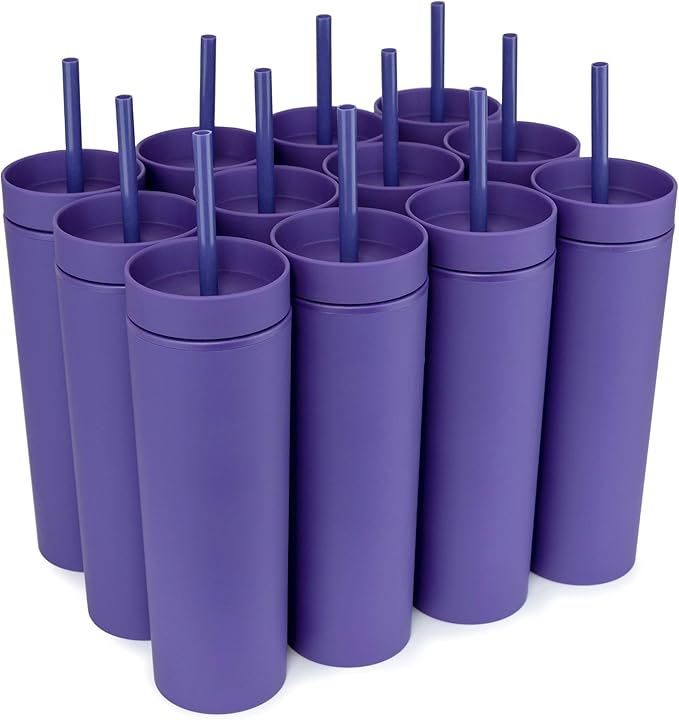 STRATA CUPS Purple Skinny Tumblers with Lids and Straws (12 pack) - 16oz Double Wall Acrylic Tumbler, Tall Matte Skinny Tumblers, Bulk with Free Straw Cleaner, Reusable Cups