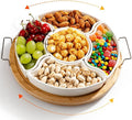 Ceramic Divided Serving Dishes with Bamboo Tray,360° Rotatable Serving Bowls with Handles for Party,5 Removable Relish Tray,11.2 Inch Appetizer Serving Dish for Chips & Dip, Veggies, Candy & Snacks