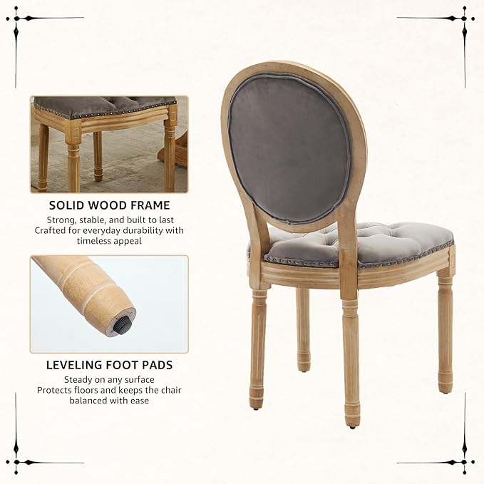 Vintage French Dining Chairs Set of 2, Round Back Velvet Upholstered Accent Chairs with Nailhead Trim and Solid Wood Frame, Elegant Sillas de Comedor for Dining Room & Kitchen, Gray