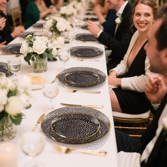 DaYammi 60 Pieces Black Gold Plastic Plates - 10 inch Clear Dinner Plates - Hammer Pattern Design - Fancy Clear Black and Gold Disposable Plates for Party and Wedding