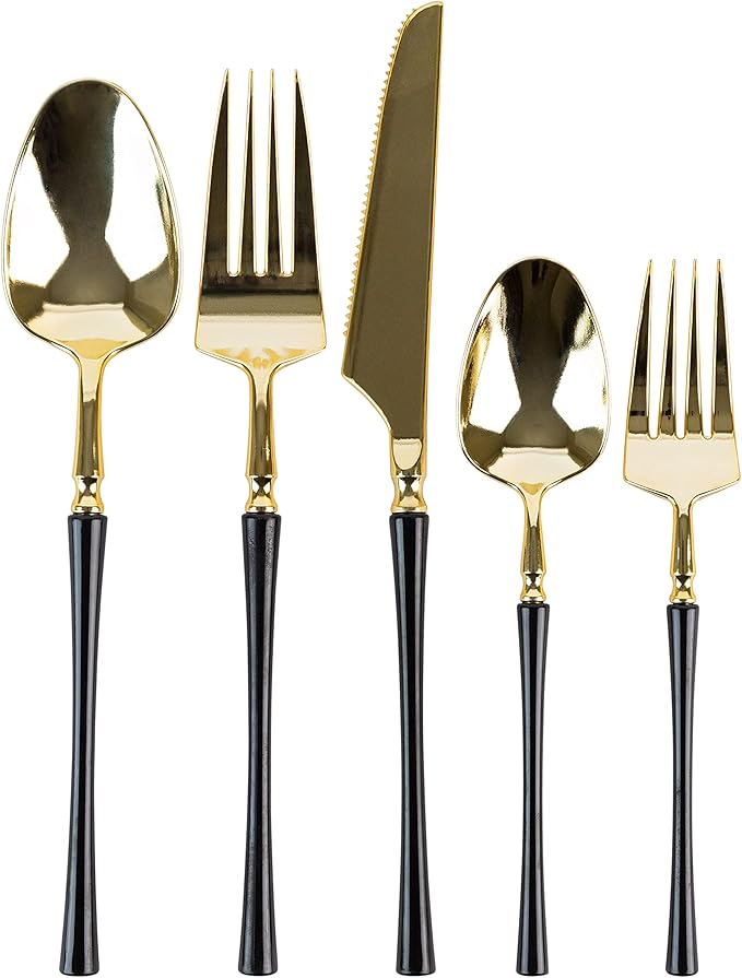 PlasticPro 20 Count Gold and Black Plastic Dinner Forks Premium Quality Heavy Duty Disposable Elegant Silverware Two Tone Dinner Forks for Party