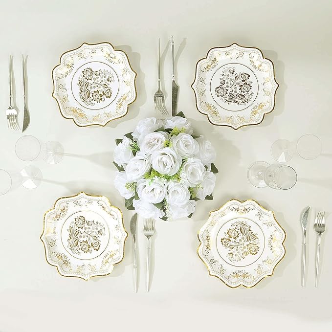 50 Pack 8" White Gold French Toile Dessert Plates, Disposable Round Paper Floral Pattern Appetizer Salad Plates 300 GSM for Party Decoration