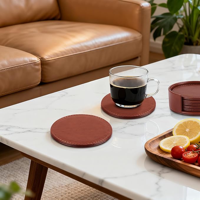 6 Pcs Premium Leather Coasters with Holder, Tabletop Protection, Coffee Table & Bar Decoration, Modern-Style Drink Coasters Suitable for Home Dining Tables & Kitchen Accessories (Brown)