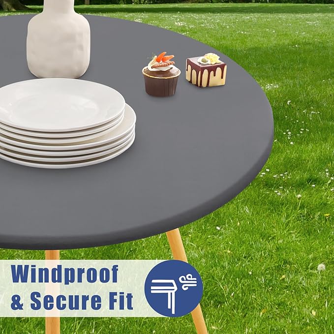 Round Spandex Tablecloth, Elastic Fitted Waterproof Tablecloths for 36"-44" Tables, Stretch Washable Picnic Table Cover for Camping, Dining, Indoor and Outdoor, Grey