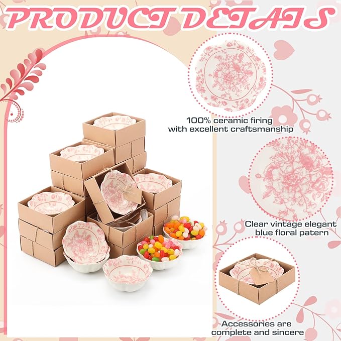 48 Pcs Wedding Favors for Guests Small Ceramic Bowl Bulk Gifts Set 3.3 Inch Floral Design Mini Dipping Sauce Dish with Card Box for Bridal Pooja Baby Shower Birthday Guest Gift (Pink)