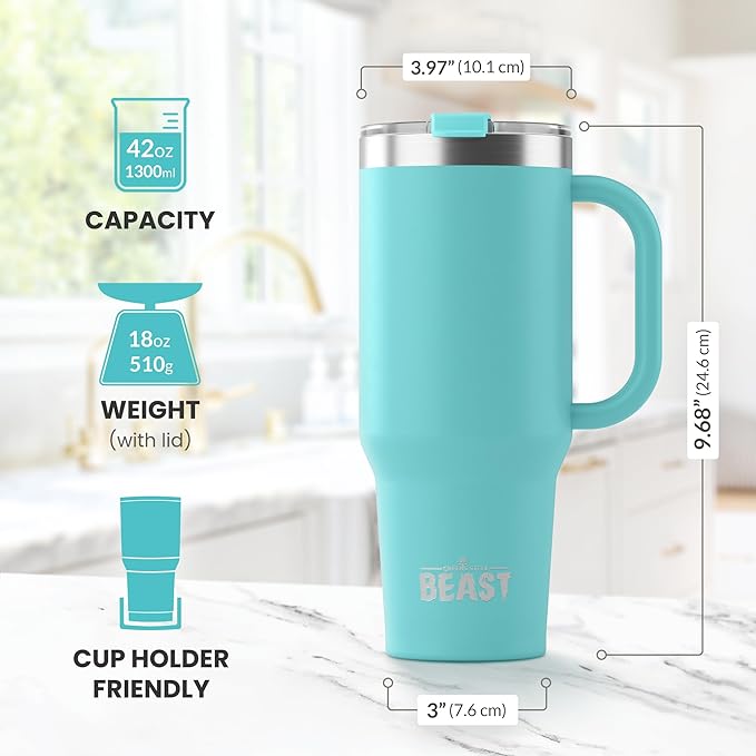 Beast 42 oz Tumbler with Handle Stainless Steel Vacuum Insulated Coffee Ice Cup Double Wall Travel Flask (Aqua Blue)