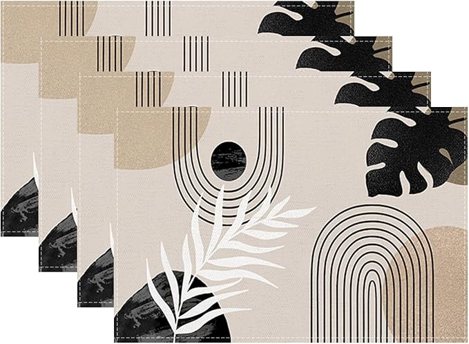 Mid Century Placemats 12x18 Inches Set of 4, Boho Black Beige Tropical Leaf Decorative Rectangle Modern Abstract Black Table Mats for Party Home Kitchen Dining Table Decoration
