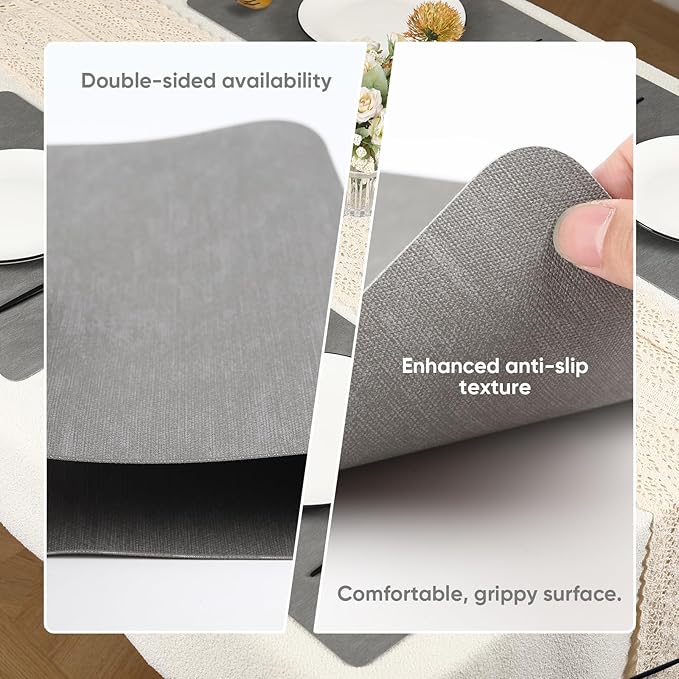 Gray Reversible Faux Leather Placemats – Set of 6 Waterproof, Heat-Resistant & Easy-to-Clean Table Mats for Modern Dining