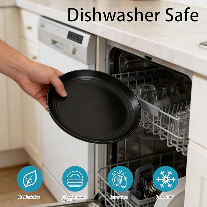 Supernal Wheat Straw Dinnerware Sets,Plates and Bowls Set, Dish Sets for 8, Unbreakable Plate for 8 Dishwasher Safe,Reusable Dinnerware Black-16pcs Plates, 8pcs Bowls, 8pcs Cups.