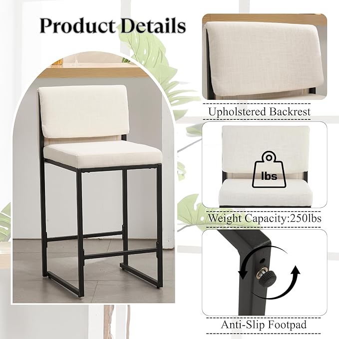 Modern Barstools Set of 4, 26” Upholstered Counter Height Bar Stools Linen Fabric Counter Stools with Padded Back Metal Frame for Kitchen Island Dining Room, Beige