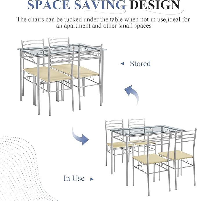 VECELO Dining Table Set for 4, 5-Piece Glass Kitchen Table with Chairs for Small Space, Breakfast Nook, Space-Saving, Silver