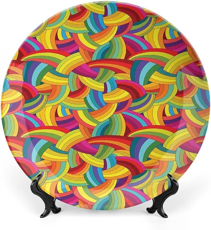 Ceramic Display Plate, Abstract Decor Ceramic Hanging Decorative Plate, Colorful Rainbows Wheels Spiral Wavy Fashionable, 6 Inch, Household Custom Ceramic Plate, Multy