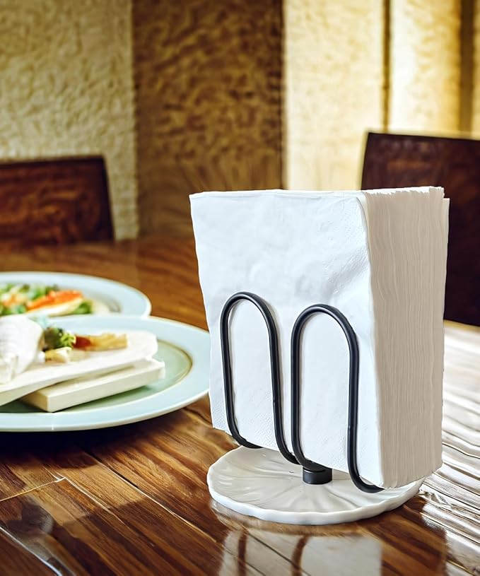 VROOMIUM Napkin Holder for Table, Effortless Cleaning Ceramic Base, 1 lb Weight, Black Napkin Holders for Paper Napkins, Servilleteros para Mesas