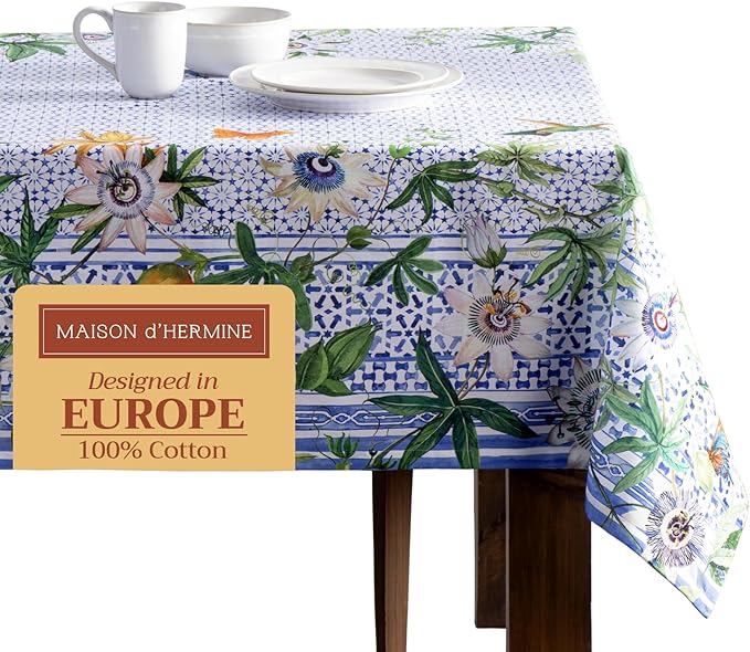 Maison d' Hermine Table Cloth Rectangle Table 100% Cotton 70 x 90 Inches Tablecloth Reusable Decorative for Dining Room Farmhouse Home Valentines Day Decorations Spring Summer - Passiflora