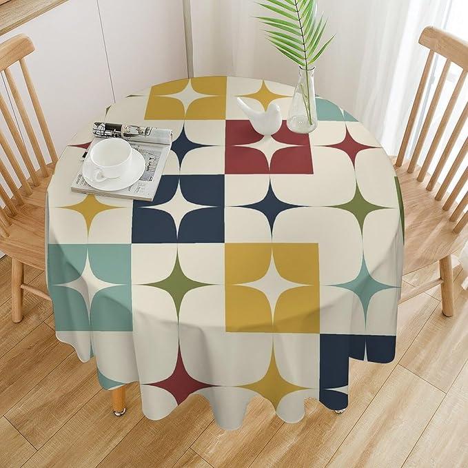 Middle Century Modern Round Tablecloth, Retro Mid Century Geometry Abstract Bohemia Tablecloth for Home Party Dining Room Kitchen Decor 50Inch(127cm)