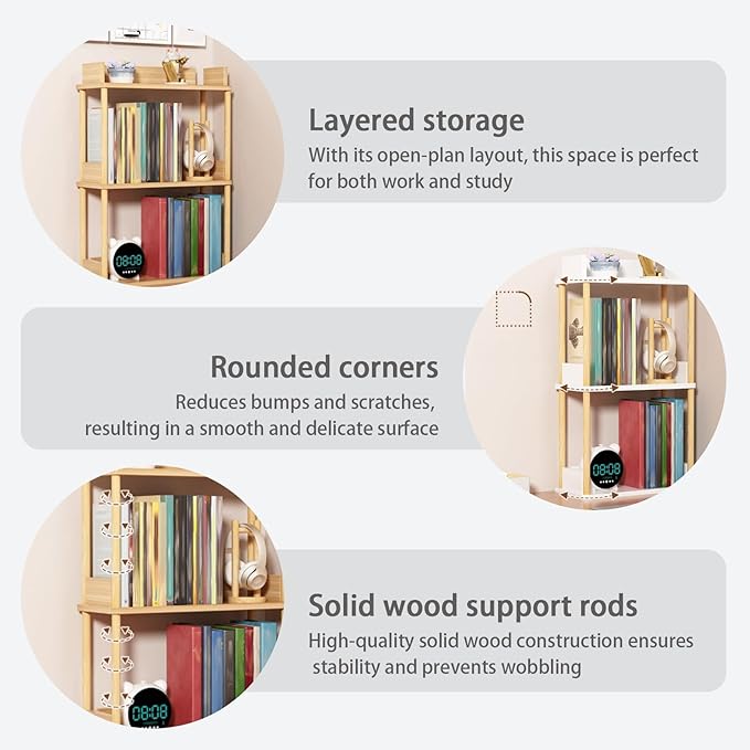 Desktop Organizer Shelf, Multi Tier Wood Tabletop Bookshelf, Space Saving Countertop Storage Rack for Office, Bedroom, Living Room(Light Walnut,15.7 * 7.8 * 14.5in)