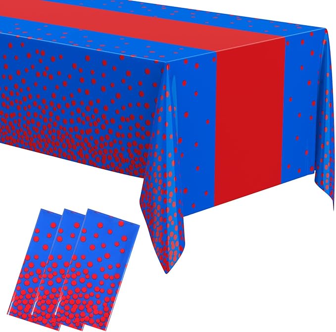 Oudain 3 Pcs Blue and Red Tablecloth for Parties Plastic Dot Tablecloths Printed Table Runner Waterproof Disposable Rectangle Table Cover for Christmas Birthday Wedding Party, 54" x 108"