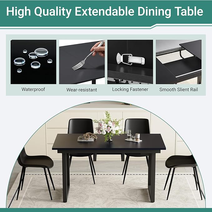 Extendable Dining Table Set for 8, 55"–71" Modern Black Kitchen Table with 8 Upholstered Chairs, Space-Saving for Living Room Apartment, Sturdy & Comfortable, Easy Assembly