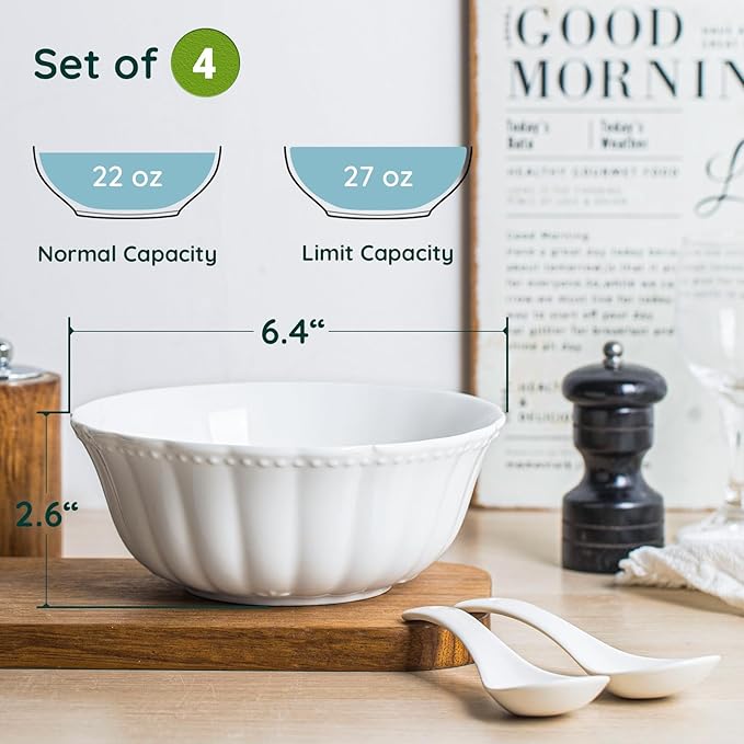 HOMBENE Ceramic Soup Serving Bowls for Kitchen, 6.4 Inch, Set of 4, Cereal Bowl Porcelain, Oven & Microwave Safe, White