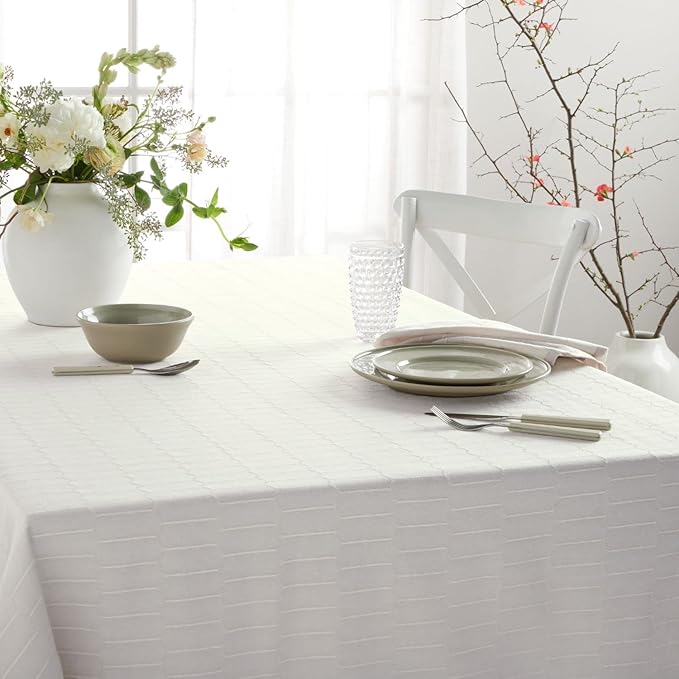 Martha Stewart Honeycomb Modern Farmhouse Polyester Cotton Rectangle Tablecloth, Beige, 60"x120"