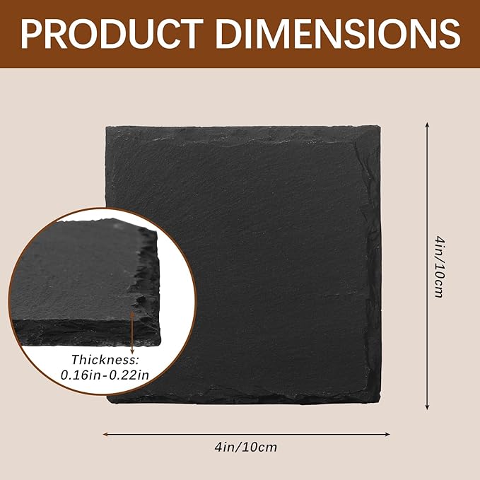 60 PCS Slate Coasters Black Square 4 Inch Bulk Rock, Blank Laser Engraving, Scratch Resistant Bottom, Home Office Kitchen Gift Wedding Bar Party Square Coasters