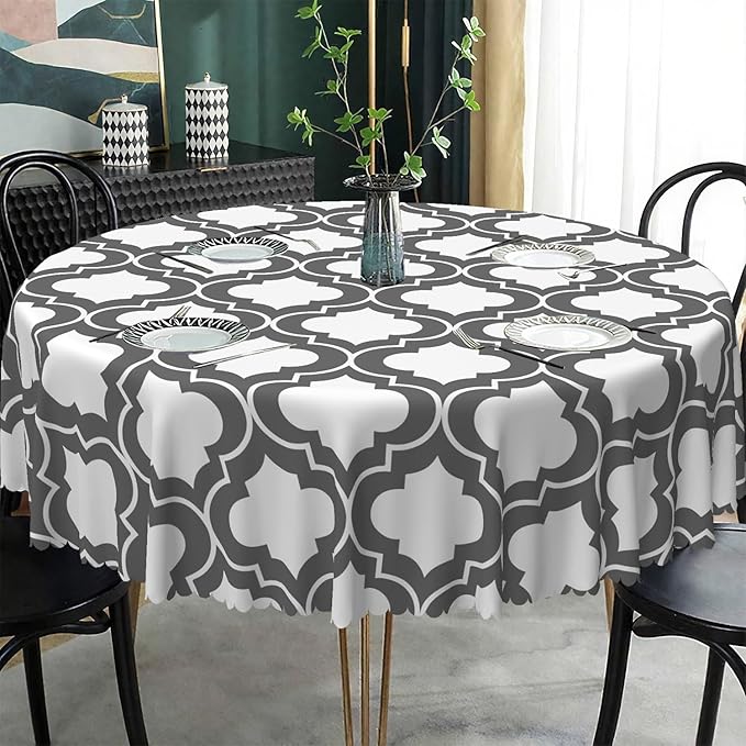 Laeacco 36 Inch Morocco Round Tablecloth Grey White Geometric Lattice Modern Abstract Art Print Table Cloth Washable Waterproof Wrinkle Free Table Cover for Kitchen Dining Picnic Party Decoration