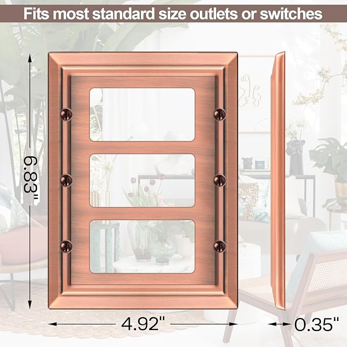 Metal Wall Plate for Electrical Outlets, Decorative Antique Copper Switch Plates Outlet Cover, Light Switch Cover Plate, 3-Gang Wall Plates (Triple Decoretor, 1 Pack)