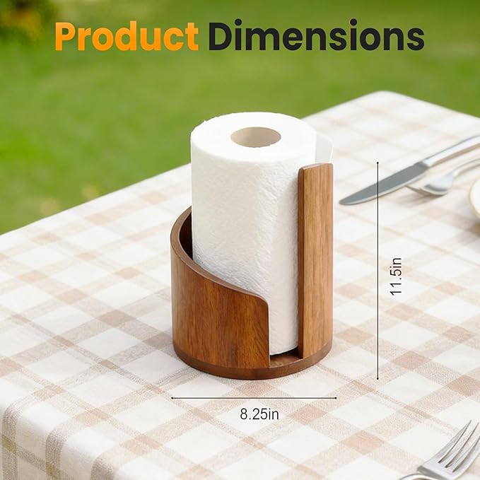 Mountain Paper Towel Holder Countertop, 2026 Upgrade 100% Natural Mango Wood Round Base and Iron Holder, Wooden Paper Towel Holder for Kitchen Roll Organize Dining Table Home Decor (White)