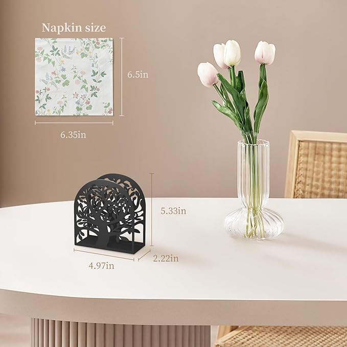 Tree of Life Napkin Holder, Upright Metal Tabletop Napkin Holder with Cushioned Base, Black Decorative Napkin Holder for Kitchen & Dining Table.