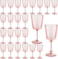 24 PCS Pink Plastic Wine Glasses with Removable Stems 13.5 OZ Ribbed Wine Glass Set Square White Wine Glasses Muted Pastel Colors Goblets Elegant Fluted Glassware for Wedding(Pink, 24 Pack)