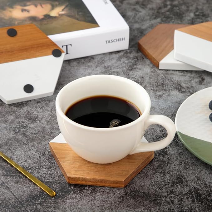 Wood Marble Coasters for Drinks, Modern Rustic Acacia Hexagon Coaster Set Decorative Bar Coaster for Living Room Coffee Wooden Table Beer Mug Christmas Housewarming Wedding Home Decor 4Pcs