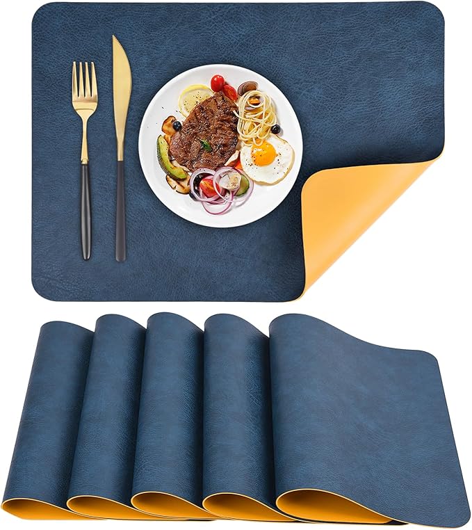 AAPLKER Faux Leather Placemats Set of 6, Vinyl Placemats Wipeable Waterproof Oil-Proof Table Mats, Heat Resistant Place Mats for Kitchen Indoor Outdoor, 16.9 x 11.8 inches (Blue/Yellow)