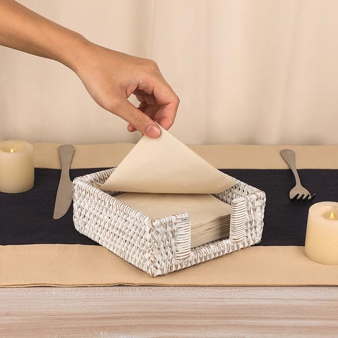 Sumnacon Napkin Holder for Table, Square Cocktail Napkin Holders, Wicker Rattan Napkin Dispenser Rustic Napkin Basket Tray for Dining Table Kitchen Countertop Picnic Party Bar, Vintage Whitewash