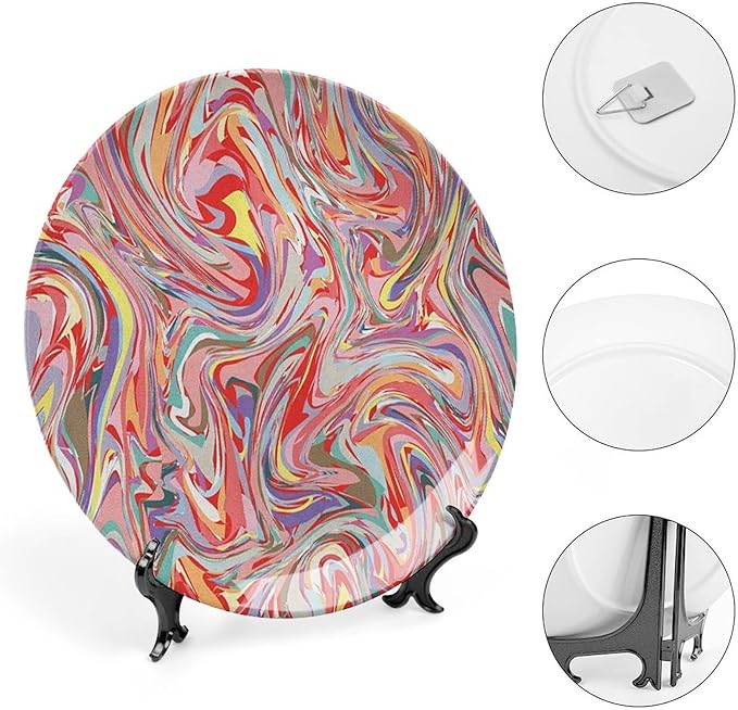 Decorative Plates, Abstract Print Ornament, Mix of Colors Messy Dirty Look Artistic, 7 Inch, 1 Plate with 1 Display Stand, Multicolor